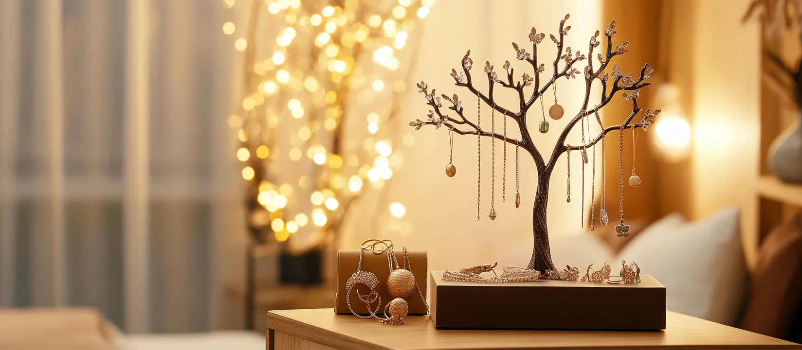 A metallic branch-shaped ring holder with a bird on top, holding multiple rings.